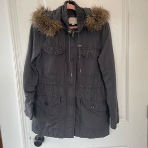 LOFT Grey/Blue Linen Blend Jacket w/ Faux Fur Detachable Hood Size S